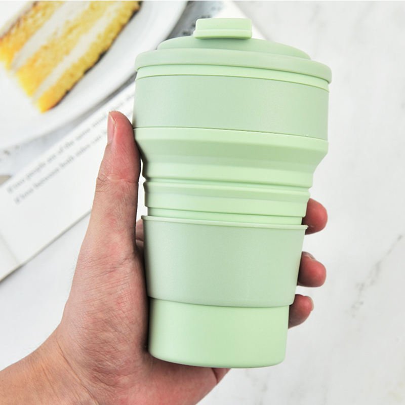 wholesale baby silicone drinking cup 350ml foldable water bottle reusable coffee silicone cup with lid foldable silicone cup