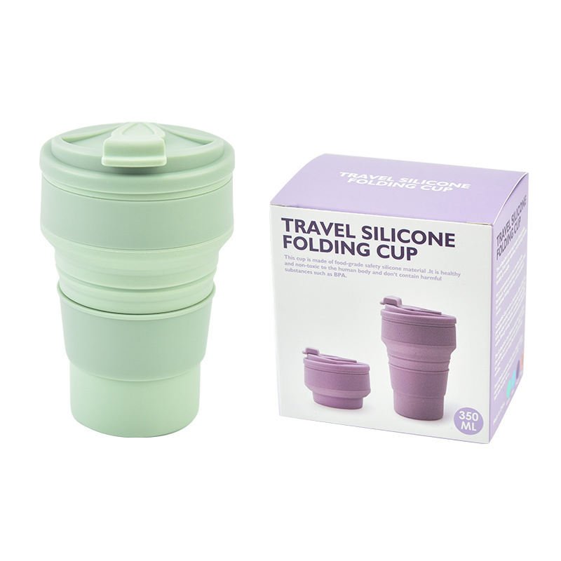wholesale baby silicone drinking cup 350ml foldable water bottle reusable coffee silicone cup with lid foldable silicone cup