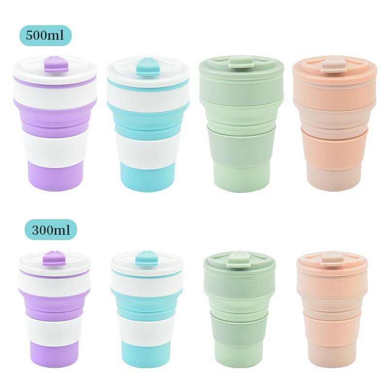 wholesale baby silicone drinking cup 350ml foldable water bottle reusable coffee silicone cup with lid foldable silicone cup