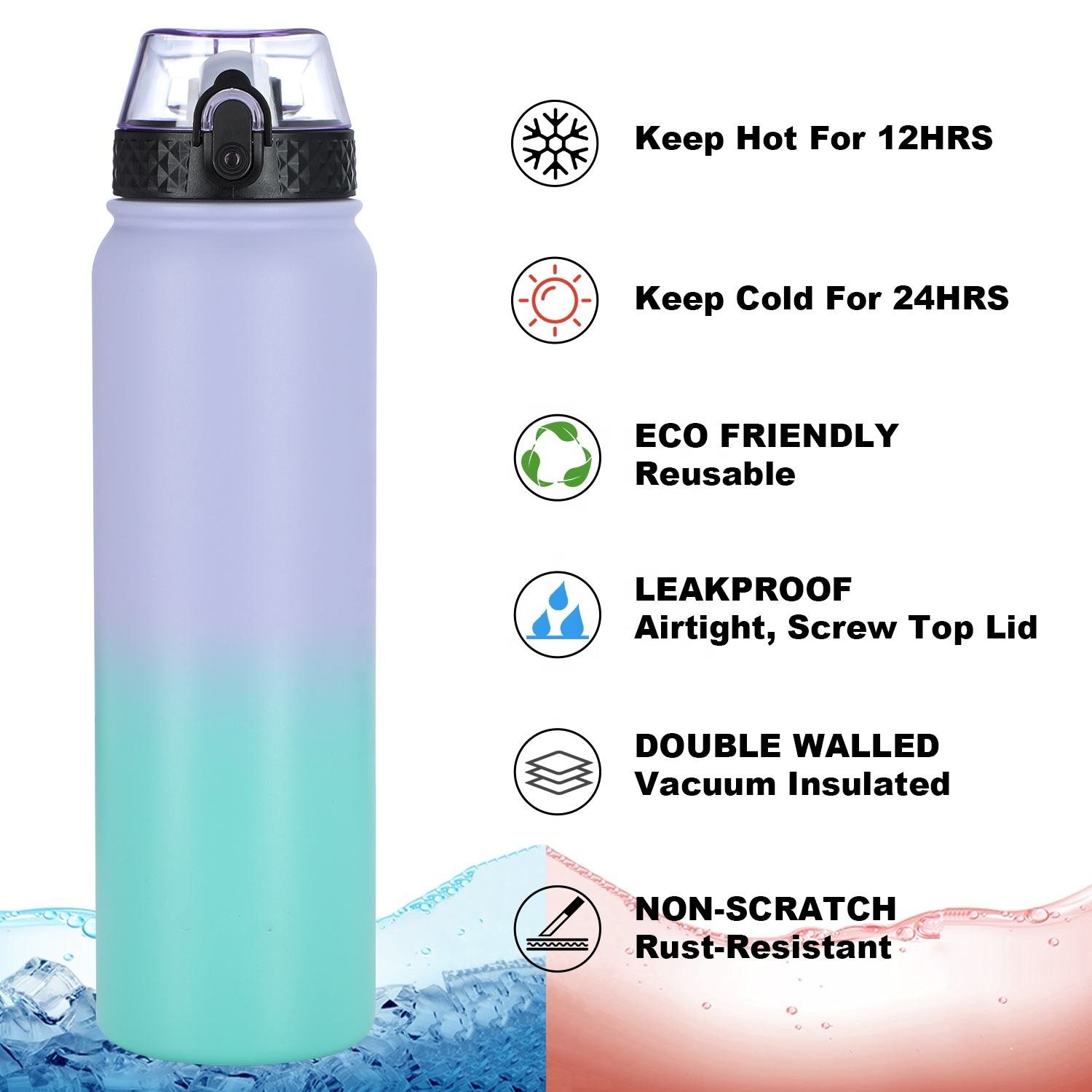 Custom 750Ml Double Wall 1000Ml Travel Insulated Stainless Steel Vacuum Flask Water Bottle With Straw Lid And Gradient Color