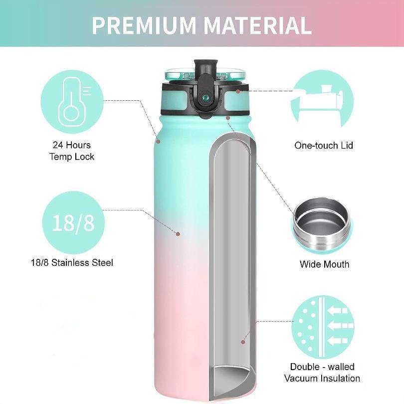 Custom 750Ml Double Wall 1000Ml Travel Insulated Stainless Steel Vacuum Flask Water Bottle With Straw Lid And Gradient Color