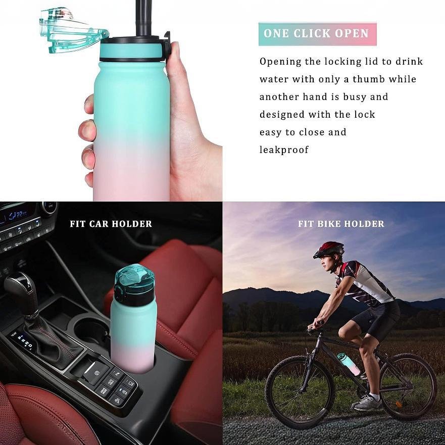 Custom 750Ml Double Wall 1000Ml Travel Insulated Stainless Steel Vacuum Flask Water Bottle With Straw Lid And Gradient Color
