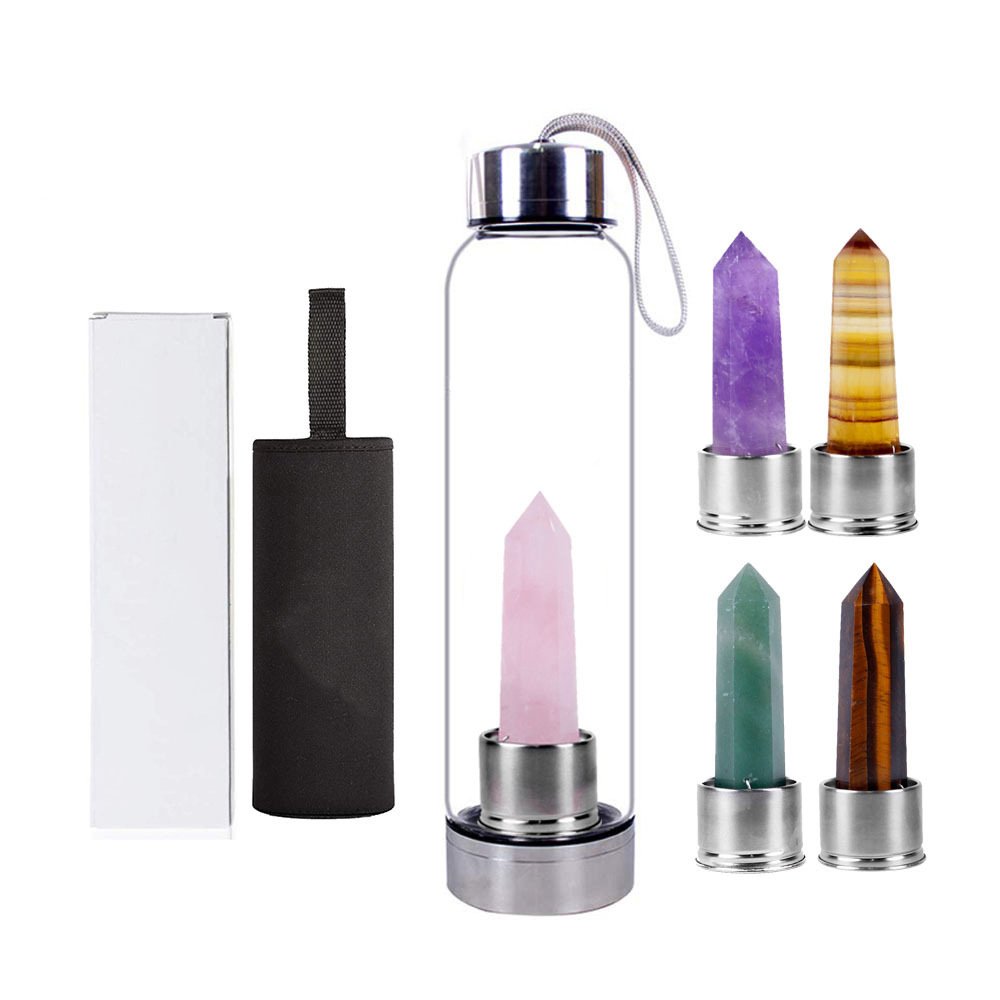 Crystal drinking water bottle with gemstone center crystal elixir bottle with natural crystal point healing obelisk wand energy
