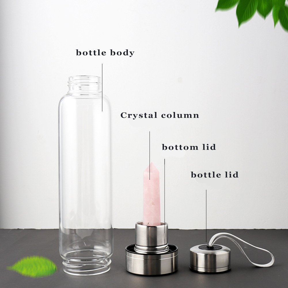 Crystal drinking water bottle with gemstone center crystal elixir bottle with natural crystal point healing obelisk wand energy