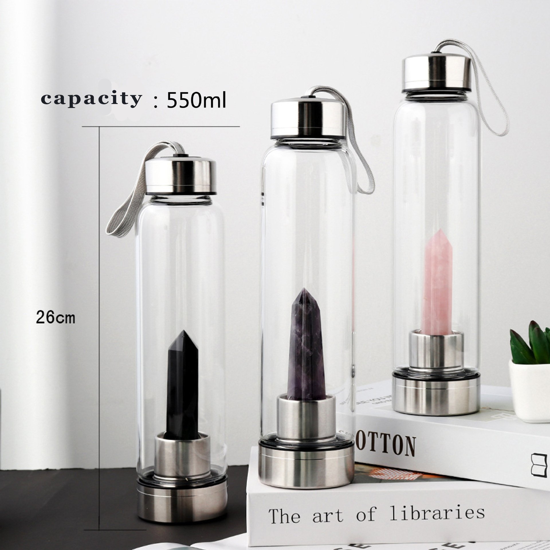 Crystal drinking water bottle with gemstone center crystal elixir bottle with natural crystal point healing obelisk wand energy