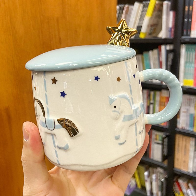 Custom Ceramic Mug Cartoon Carousel Ceramic Mug Cute Five-Pointed Star Spoon Ceramic Pipe Mug