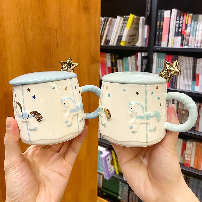 Custom Ceramic Mug Cartoon Carousel Ceramic Mug Cute Five-Pointed Star Spoon Ceramic Pipe Mug