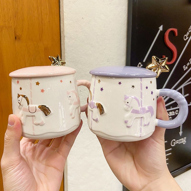 Custom Ceramic Mug Cartoon Carousel Ceramic Mug Cute Five-Pointed Star Spoon Ceramic Pipe Mug