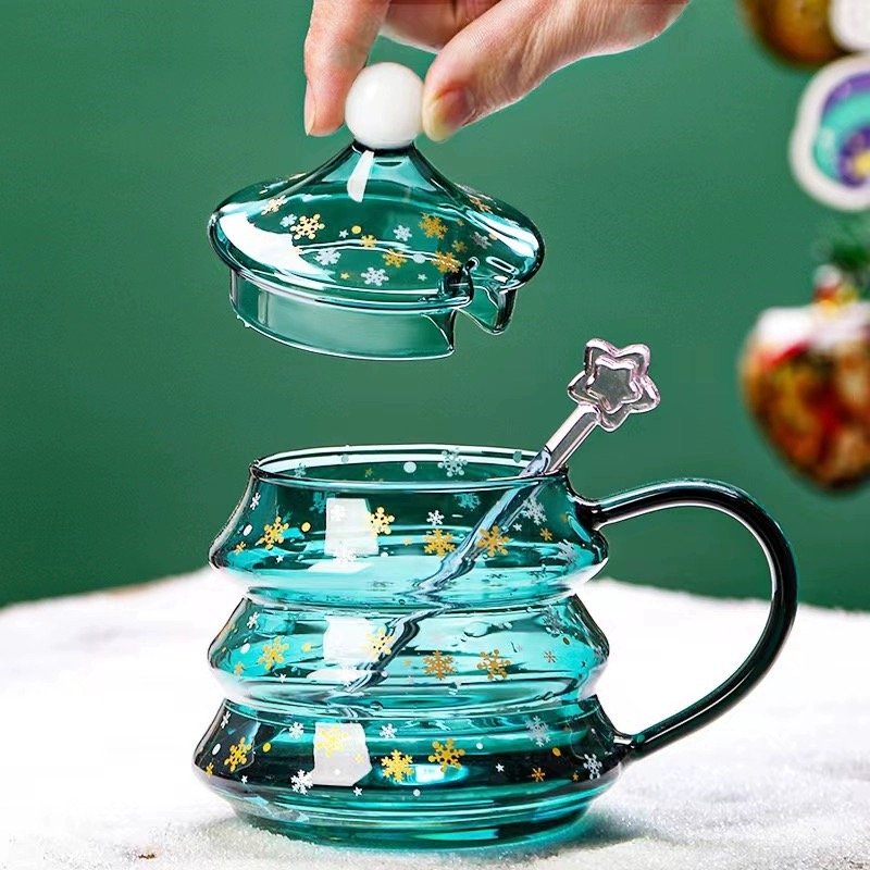 Lead Free Special Christmas Tree Design Glass Cup Mug For Coffee Tea Milk Christmas Tree Glass Mug