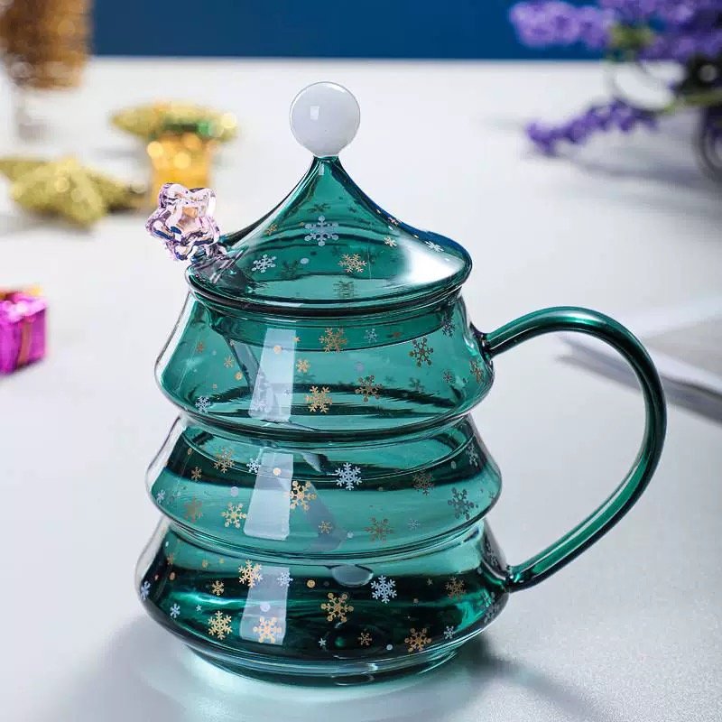 Lead Free Special Christmas Tree Design Glass Cup Mug For Coffee Tea Milk Christmas Tree Glass Mug