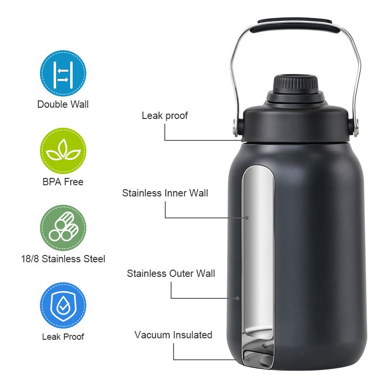 Custom logo ss 64oz half gallon gym fitness sport vacuum insulated flask stainless steel drinking water bottle jug