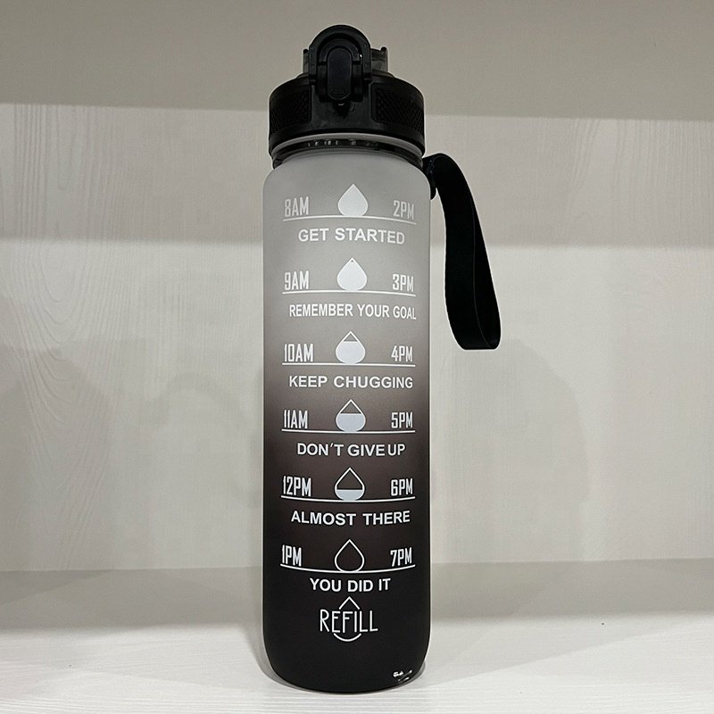 JZYZ 1L 32 ozCustom Plastic Straw Strainer Filter Gym Sports BPA Free Tritan Motivational Water Bottle With Time Marker