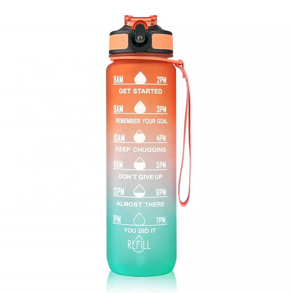JZYZ 1L 32 ozCustom Plastic Straw Strainer Filter Gym Sports BPA Free Tritan Motivational Water Bottle With Time Marker