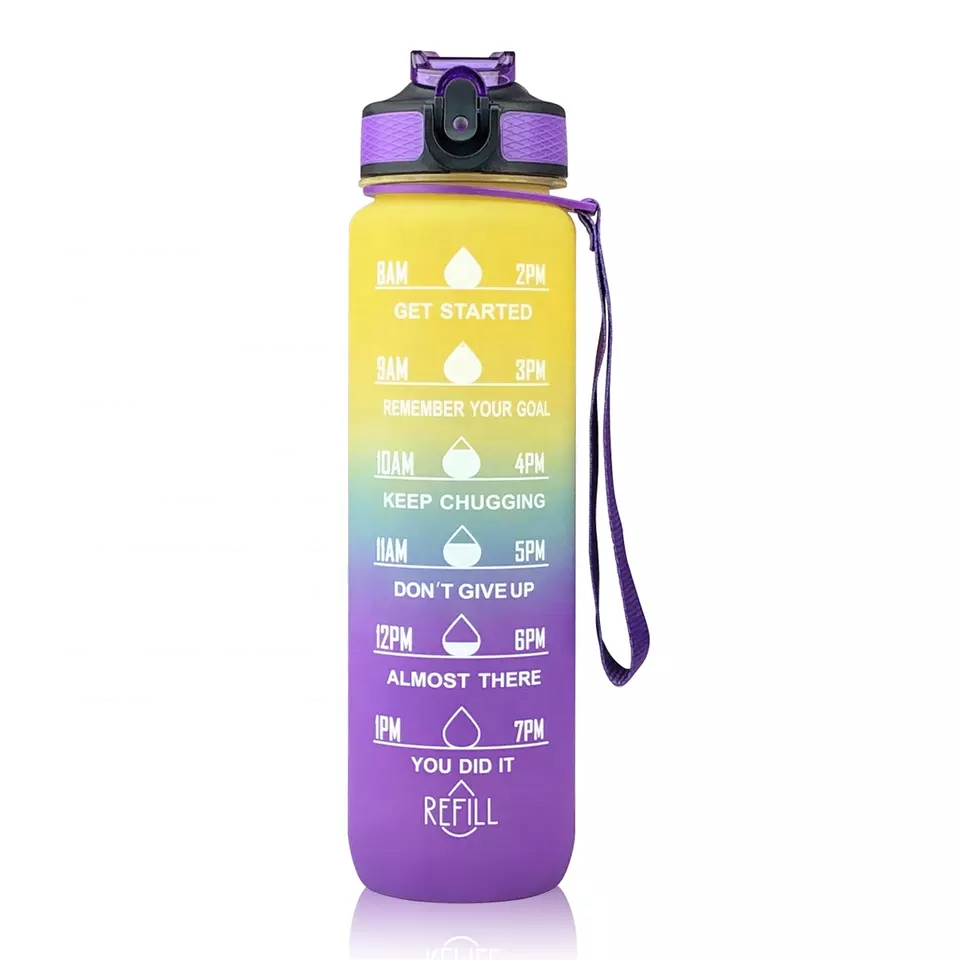 JZYZ 1L 32 ozCustom Plastic Straw Strainer Filter Gym Sports BPA Free Tritan Motivational Water Bottle With Time Marker