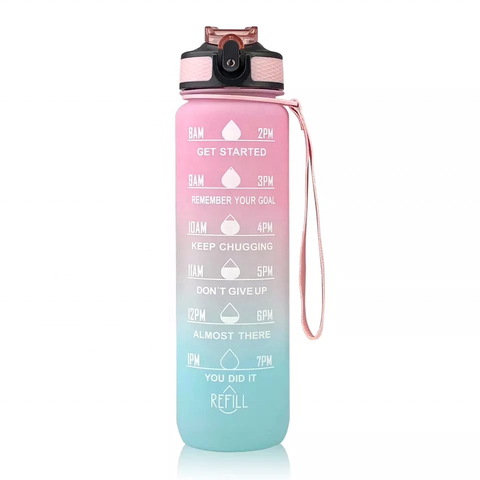 JZYZ 1L 32 ozCustom Plastic Straw Strainer Filter Gym Sports BPA Free Tritan Motivational Water Bottle With Time Marker