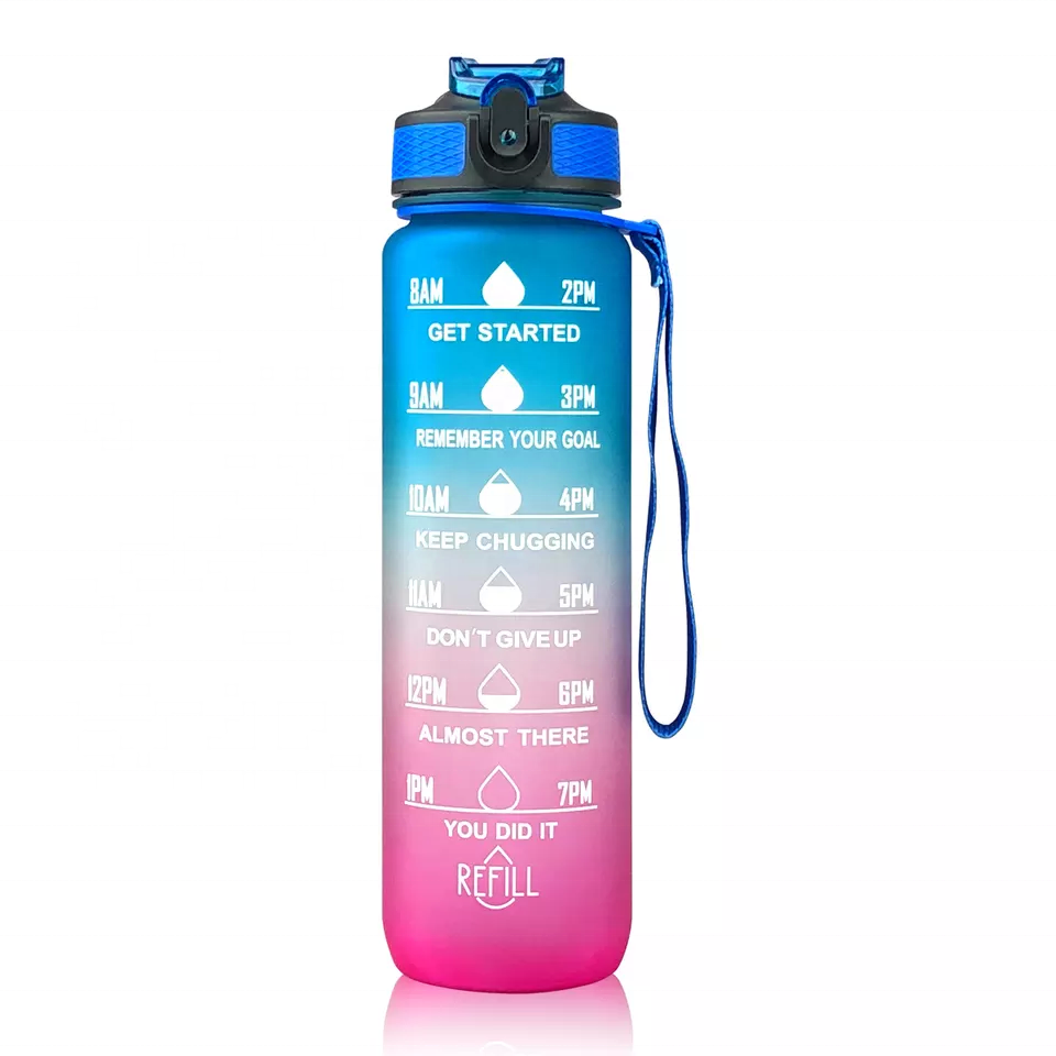 JZYZ 1L 32 ozCustom Plastic Straw Strainer Filter Gym Sports BPA Free Tritan Motivational Water Bottle With Time Marker