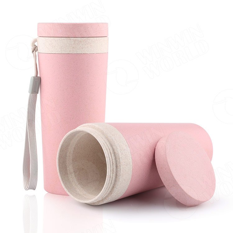 Eco Friendly Bamboo Fiber Coffee Cup with lid, Wheat Straw Coffee Cups with Leakproof handle lid, Reusable Coffee Mug for Travel