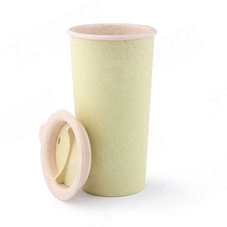 Eco Friendly Bamboo Fiber Coffee Cup with lid, Wheat Straw Coffee Cups with Leakproof handle lid, Reusable Coffee Mug for Travel