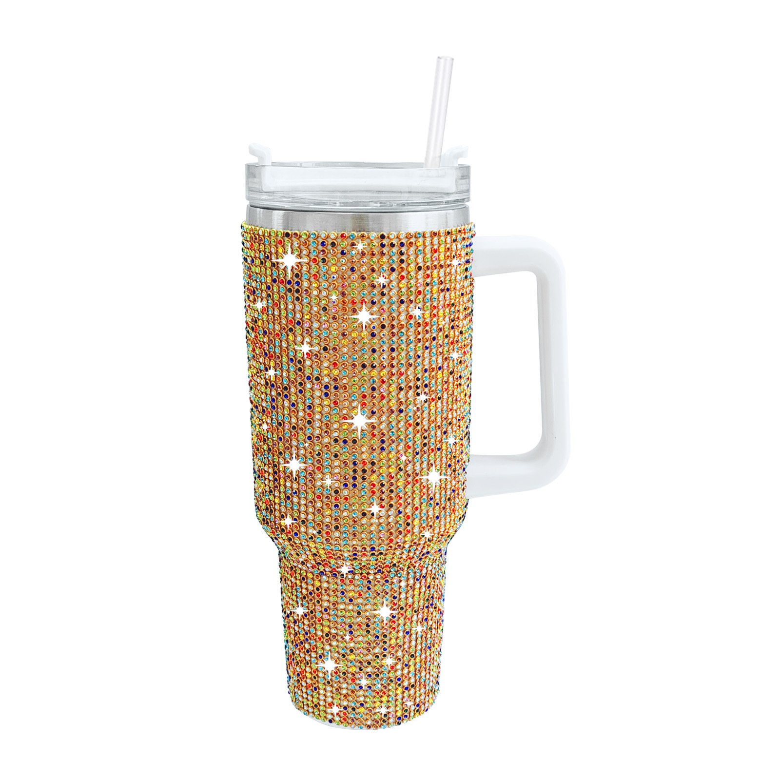 Sparkly Cow Printed Rhinestone Tumbler Cup With Handle 40 Oz Stainless Steel Insulated Vacuum Tumbler Mug with Straw For Women