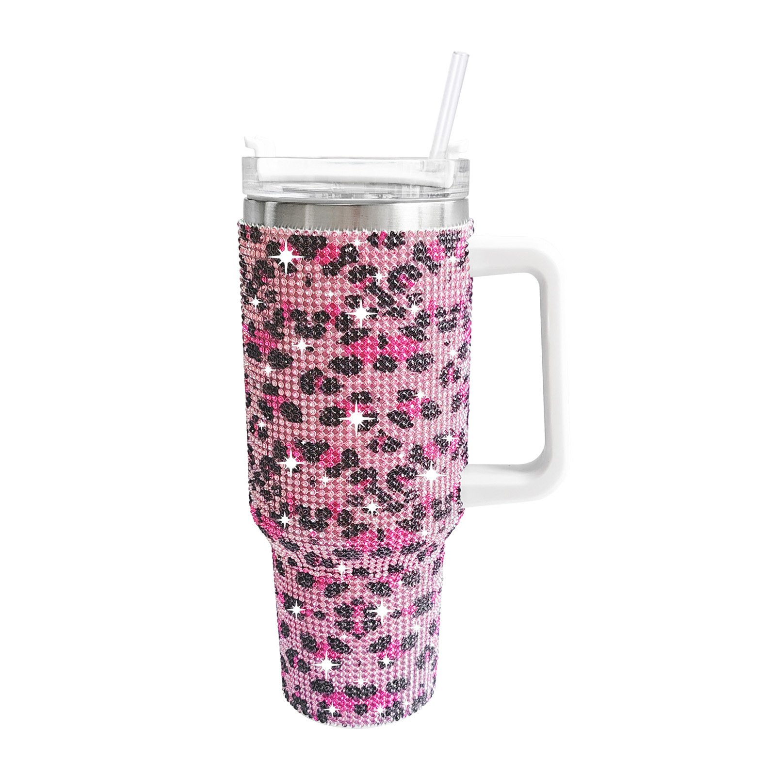 Sparkly Cow Printed Rhinestone Tumbler Cup With Handle 40 Oz Stainless Steel Insulated Vacuum Tumbler Mug with Straw For Women