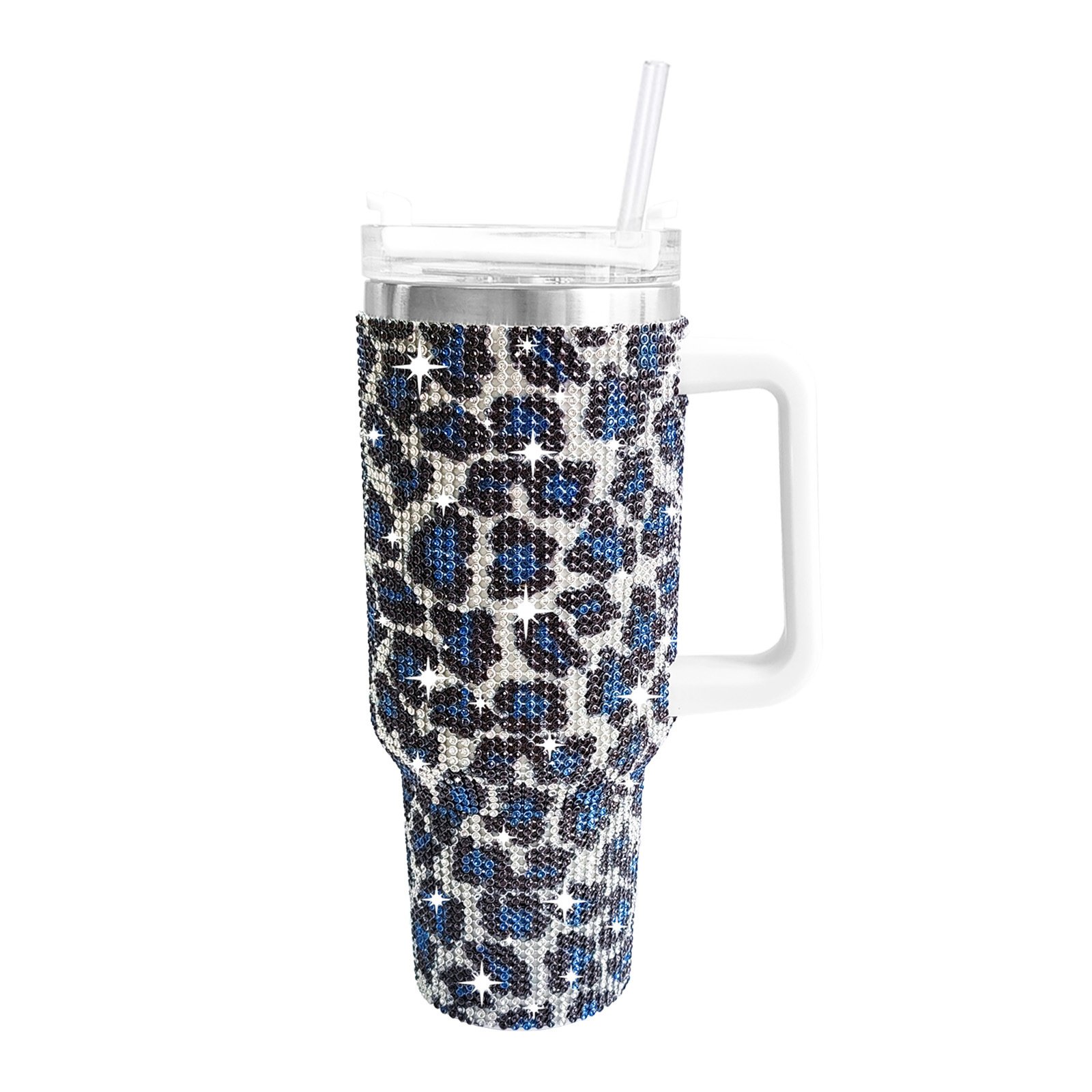 Sparkly Cow Printed Rhinestone Tumbler Cup With Handle 40 Oz Stainless Steel Insulated Vacuum Tumbler Mug with Straw For Women