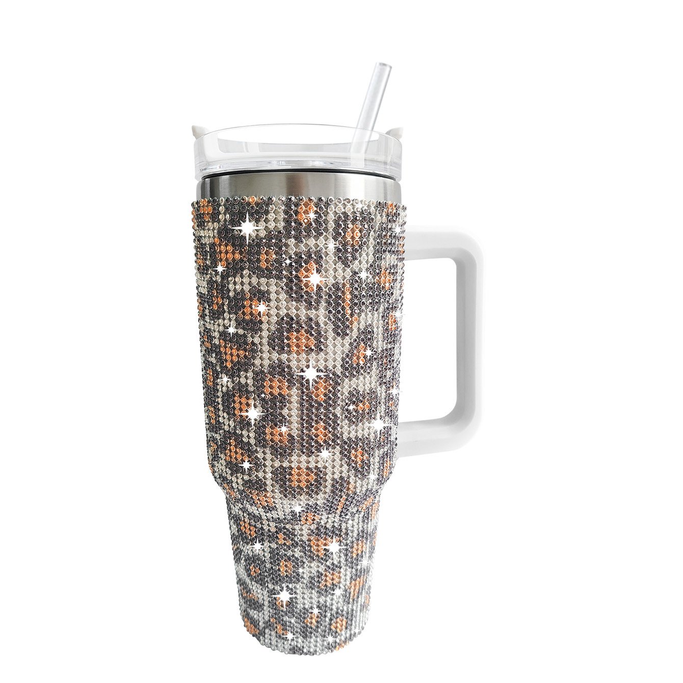 Sparkly Cow Printed Rhinestone Tumbler Cup With Handle 40 Oz Stainless Steel Insulated Vacuum Tumbler Mug with Straw For Women