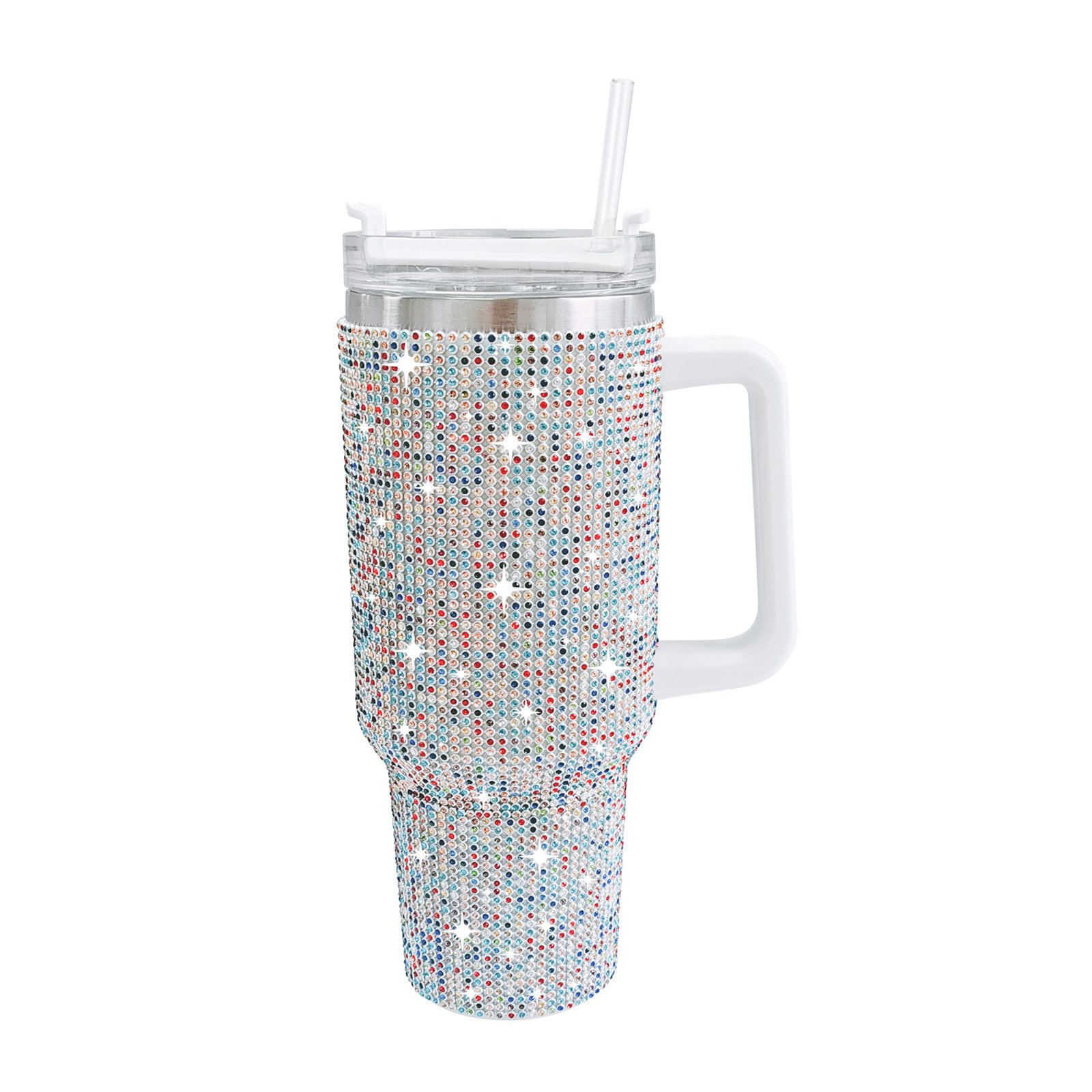 Sparkly Cow Printed Rhinestone Tumbler Cup With Handle 40 Oz Stainless Steel Insulated Vacuum Tumbler Mug with Straw For Women