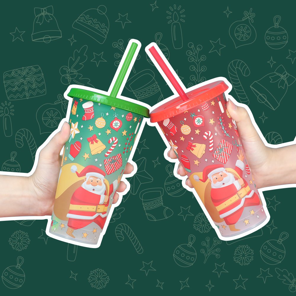 Wholesale 24oz reusable coffee cold magic tumbler tops clear sip christmas cup straw