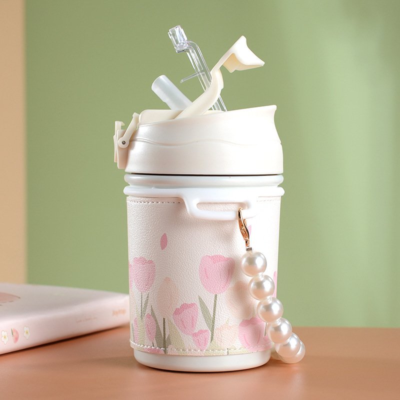 Kawaii girls leakproof bpa free drinking cup sports reusable children kids school SS316 water bottle with straw