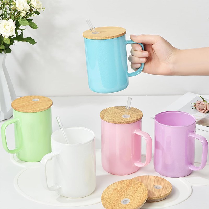 Personalized 17oz Shimmer Solid Glass Mug Sublimation Blank Rainbow Glitter Glass Cup with Colorful Handle
