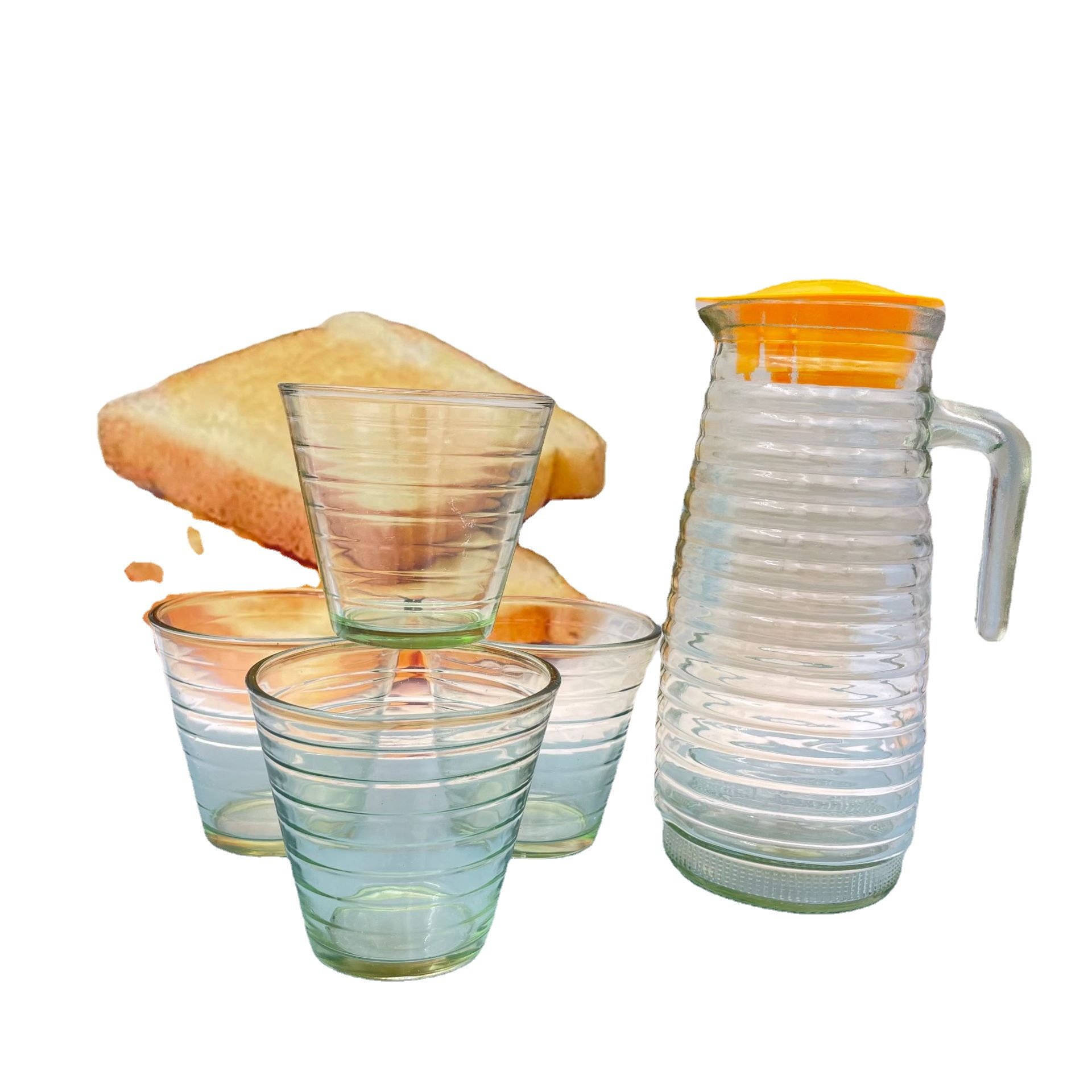 Wholesale price 5pcs glass water pitcher and cups set with stripes glassware glass jug set water juice dispenser beer mug