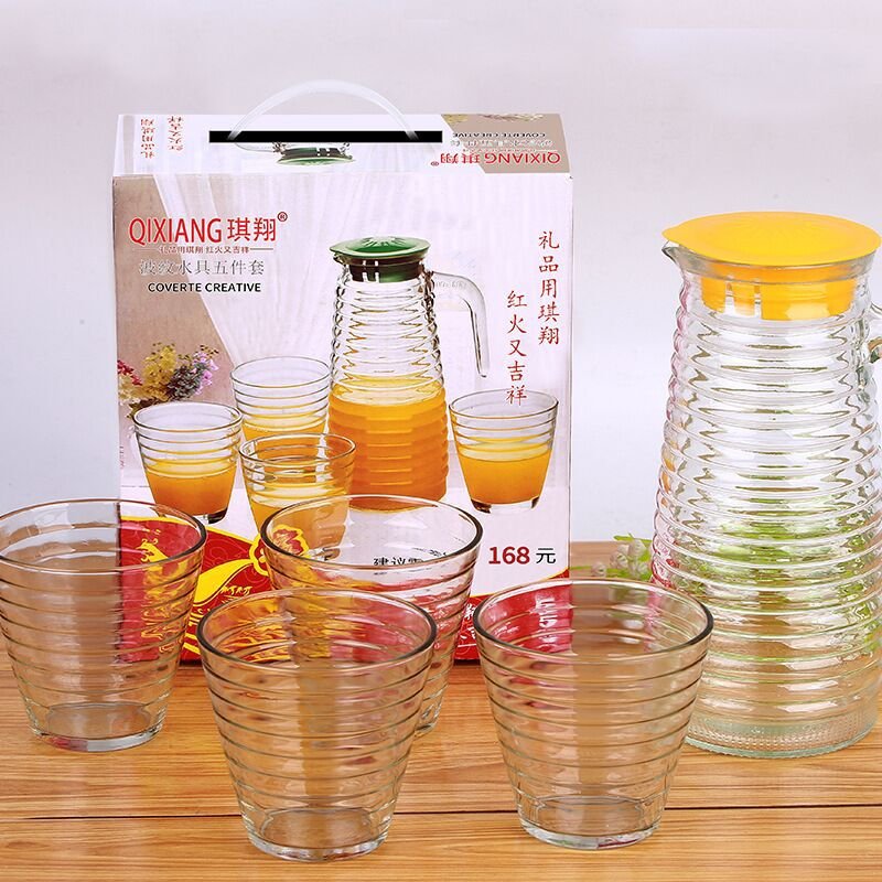 Wholesale price 5pcs glass water pitcher and cups set with stripes glassware glass jug set water juice dispenser beer mug