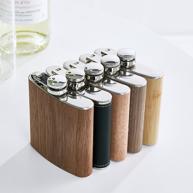 Hot Selling 6oz Wood Grain Leather Stainless Steel Wine Pocket Hip Flask for Party