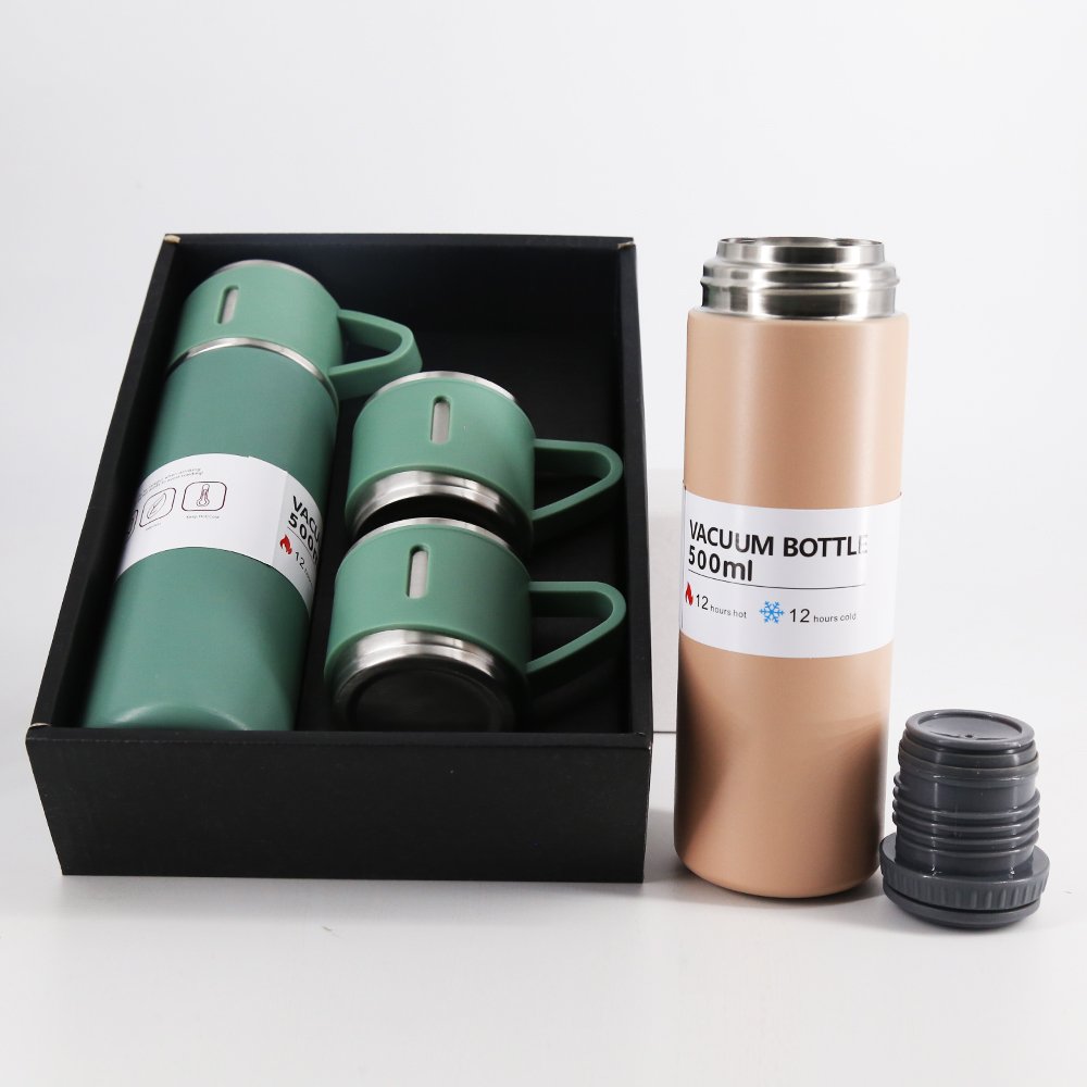 Gift set insulated thermos sports stainless steel double wall vacuum flask thermos set one cup two lid gift box