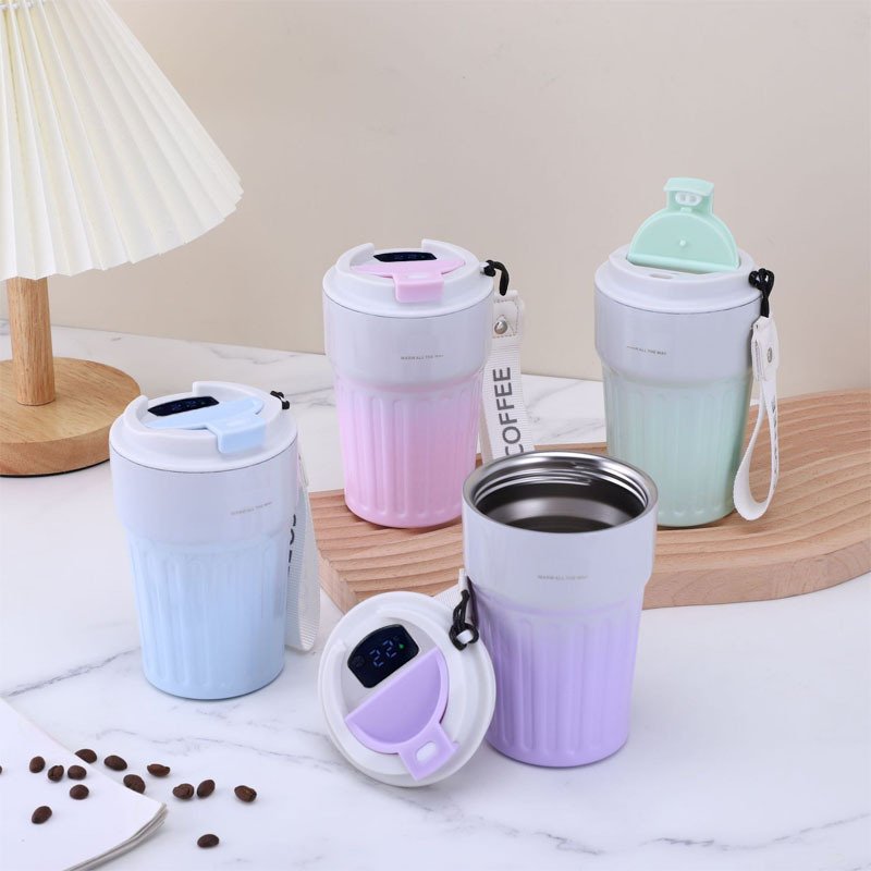 400ml Smart Striped Stainless Steel Coffee Cup Temperature Display Vacuum Insulation Portable Coffee Mug