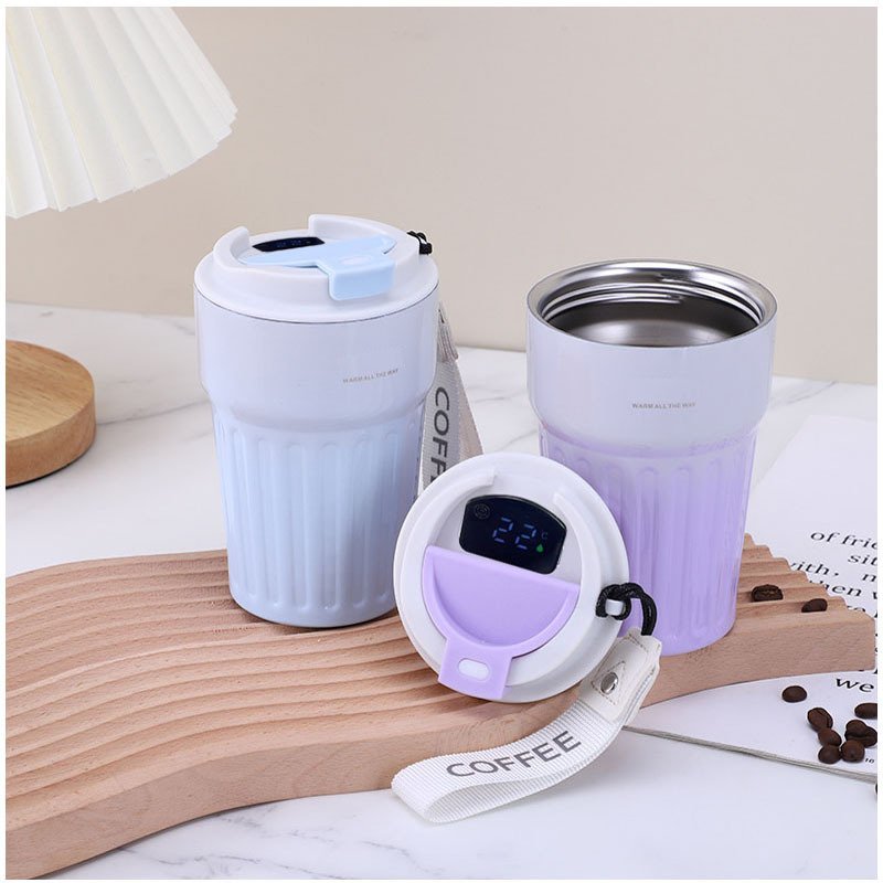 400ml Smart Striped Stainless Steel Coffee Cup Temperature Display Vacuum Insulation Portable Coffee Mug