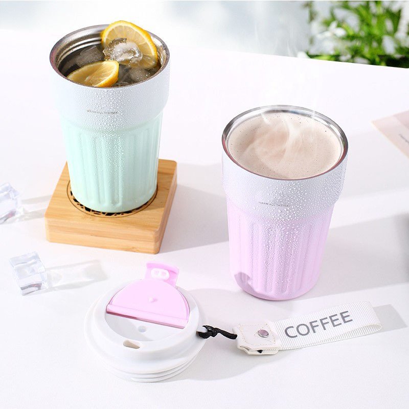 400ml Smart Striped Stainless Steel Coffee Cup Temperature Display Vacuum Insulation Portable Coffee Mug