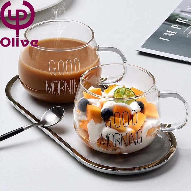 Good Morning Letters Clear Drinking Juice Yogurt Oatmeal Breakfast Milk Coffee High Borosilicate Glass Mug Tumbler With Handle