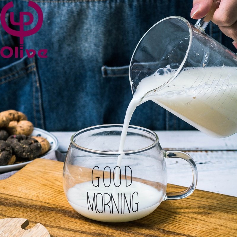Good Morning Letters Clear Drinking Juice Yogurt Oatmeal Breakfast Milk Coffee High Borosilicate Glass Mug Tumbler With Handle
