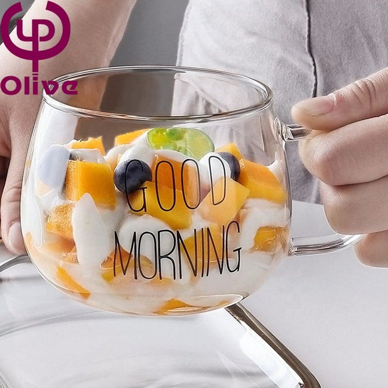 Good Morning Letters Clear Drinking Juice Yogurt Oatmeal Breakfast Milk Coffee High Borosilicate Glass Mug Tumbler With Handle