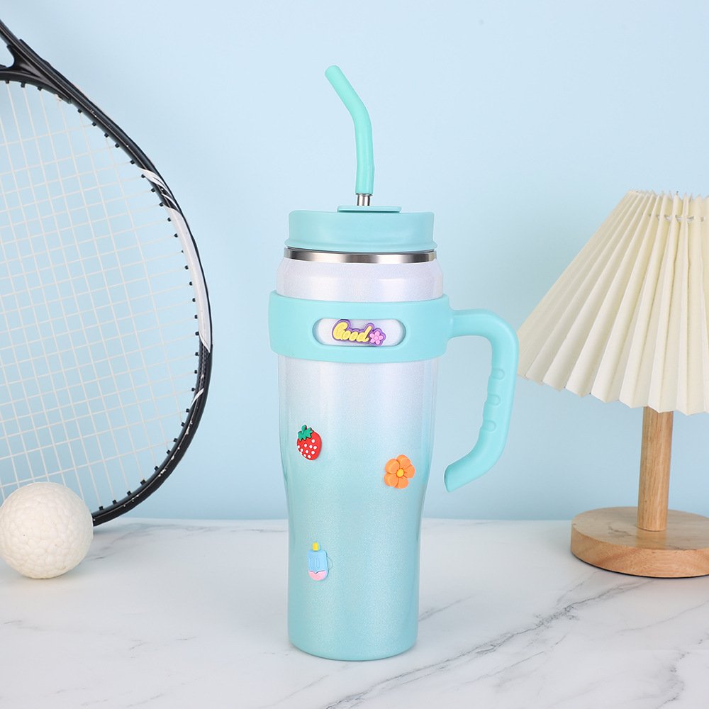 40oz insulated vacuum large capacity mug with straw lid tumbler with handle rainbow color