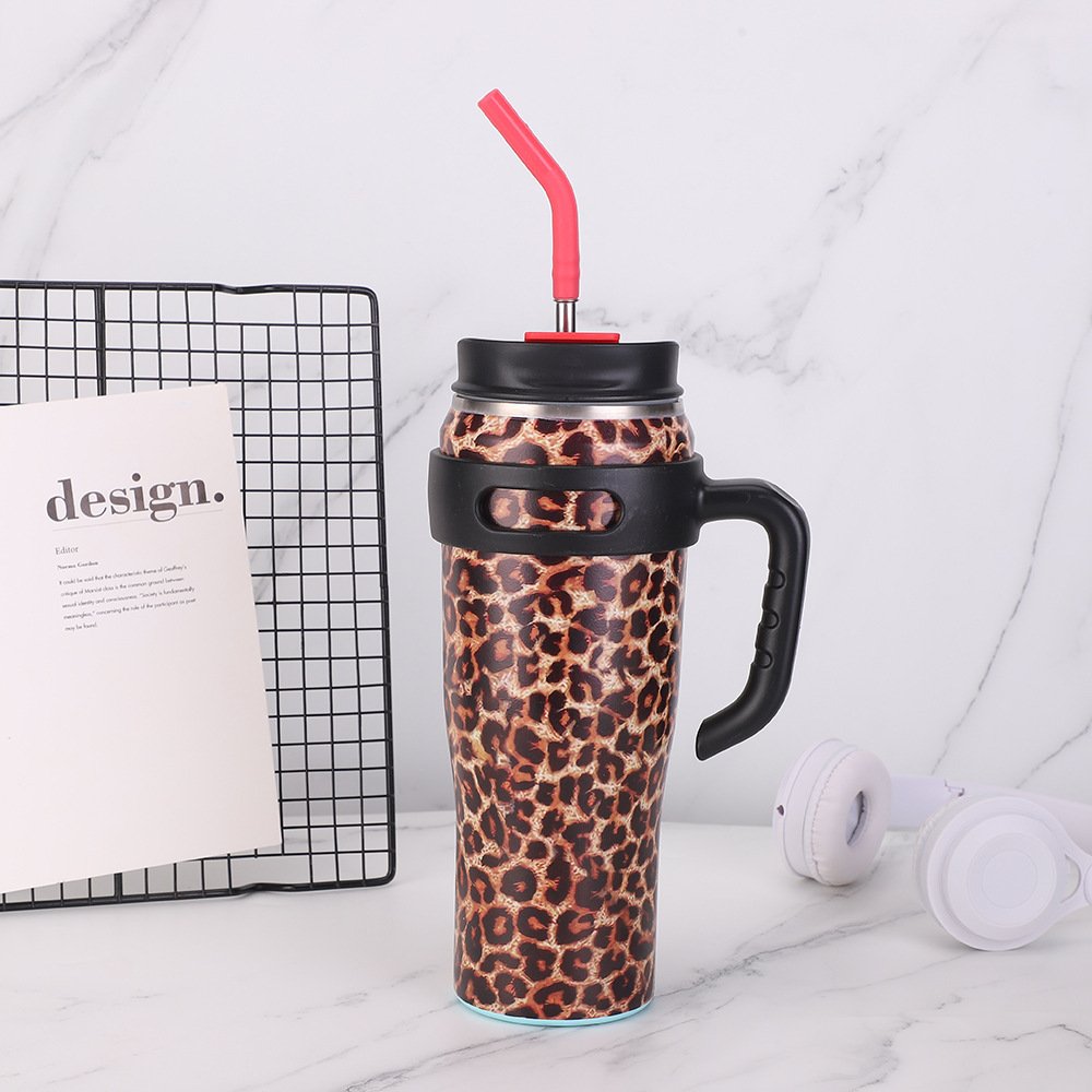 40oz insulated vacuum large capacity mug with straw lid tumbler with handle rainbow color