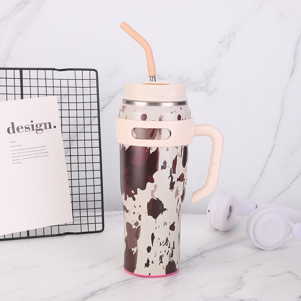 40oz insulated vacuum large capacity mug with straw lid tumbler with handle rainbow color