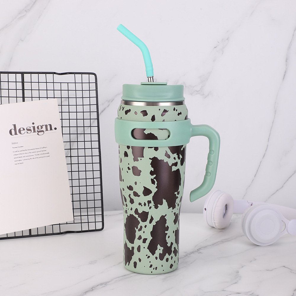 40oz insulated vacuum large capacity mug with straw lid tumbler with handle rainbow color