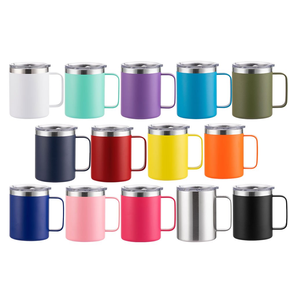 Customized 12 oz 14 oz 16 oz powder coated tumblers double wall insulated vacuum travel Camping coffee mugs with Handle