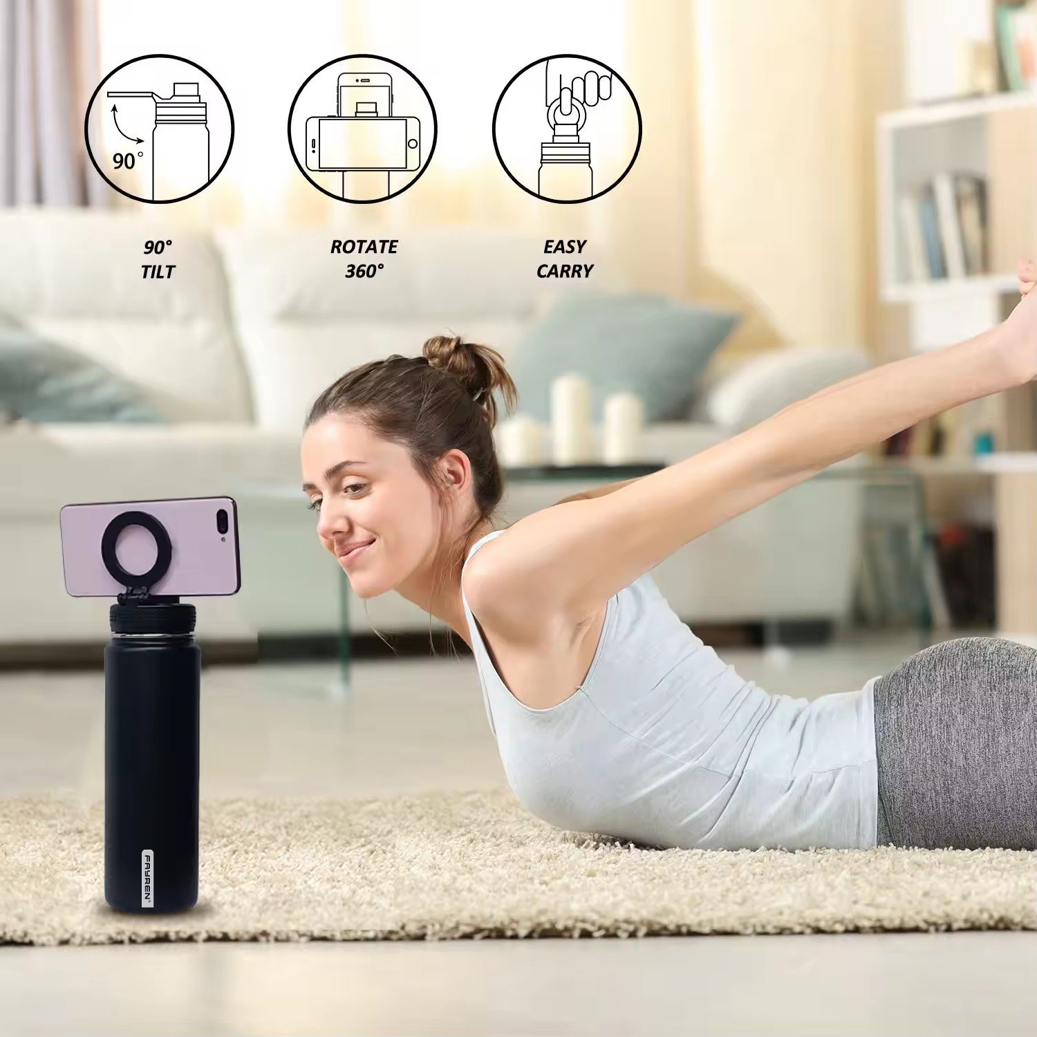 Stainless Steel Water Bottle Double-Walled Vacuum Flasks & Thermoses with Magnet Magnetic Cell Phone Holder