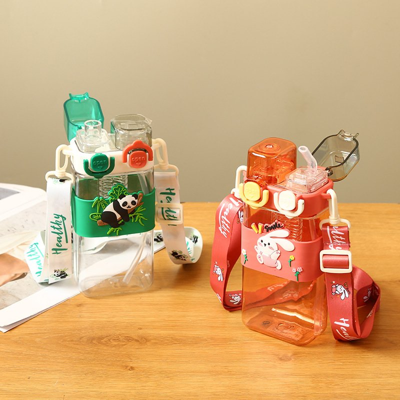 Seaygift kids children Outdoor travel double straw drinking cartoon square plastic cup BPA free leak proof water bottle