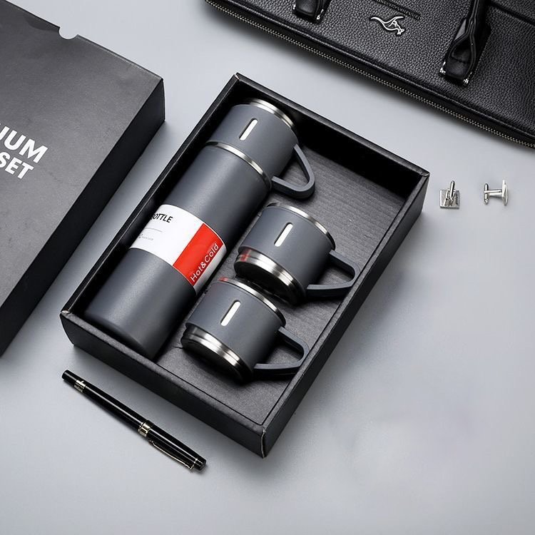 Outdoor Travel Coffee Tea Mug Christmas Gift 3pcs Thermos Vacuum Flask Stainless Steel Water Bottle Gift Set with 2 cup