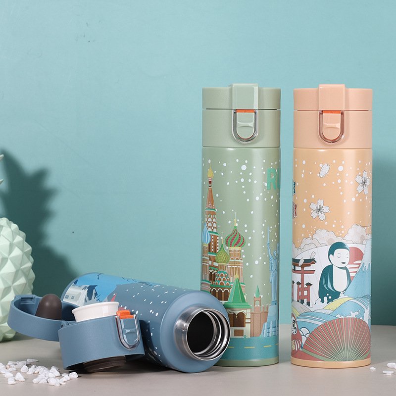 400ml Vacuum Thermos Flask with City Theme Heat Transfer Printing Vacuum Flasks Stainless Steel Straight Cup Poly Bag+white Box