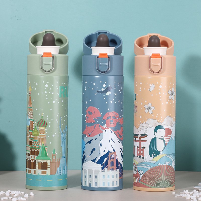 400ml Vacuum Thermos Flask with City Theme Heat Transfer Printing Vacuum Flasks Stainless Steel Straight Cup Poly Bag+white Box